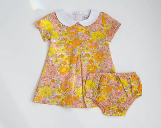 Vintage Marigold Floral Peter Pan Collar Dress Baby Toddler Girl