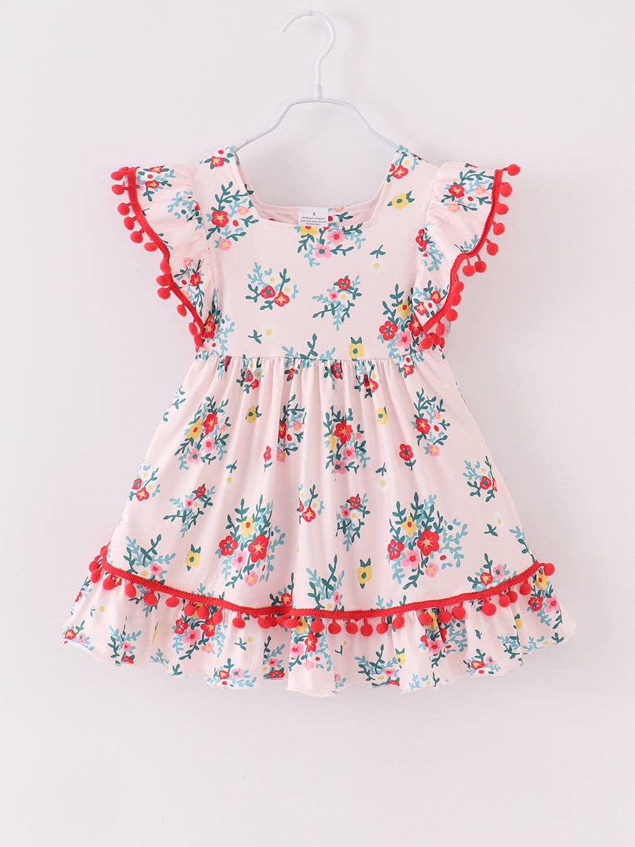 Light Pink Floral Pom Pom Ruffle Girl Dress