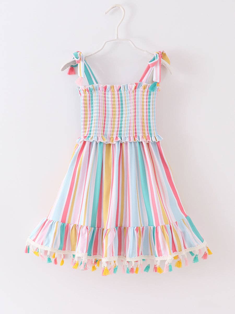 Multicolored Stripe Tassel Smocked Dress – River Pandas River Kids