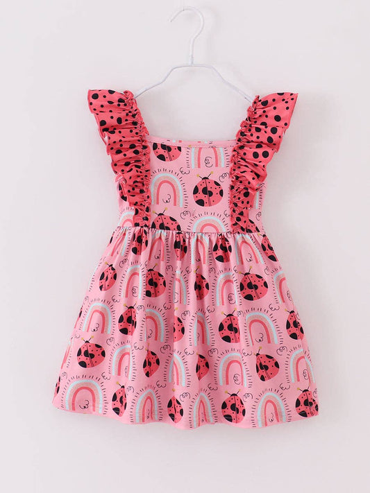 Pink Ladybug Rainbow Ruffle Girl Dress