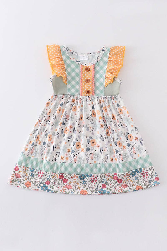 Yellow floral print ruffle girl dress